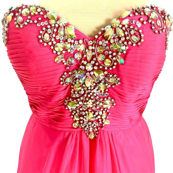 Strapless Barbie Pink Gown 4 Rhinestone Embellished Flowing Chiffon Skirt Prom - Picture 3 of 12